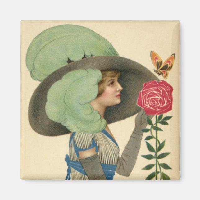 Aimant Saint-Valentin vintage, Papillon Rose rouge dame (Devant)