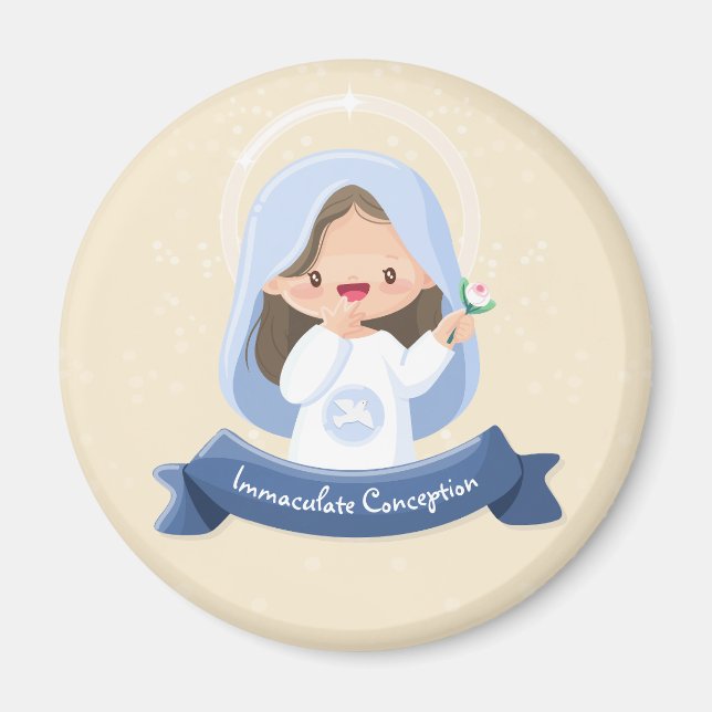 Aimant Sainte Vierge Kawaii souriante avec Fleur – Beige (Devant)