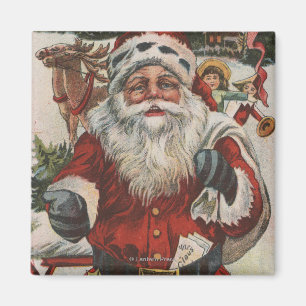 Aimant Salutation de NoëlPère Noël avec Cerfs et Enfants
