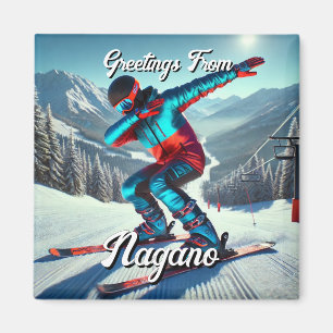 Aimant Salutations de Nagano Japon Dabbing Skier Carte po