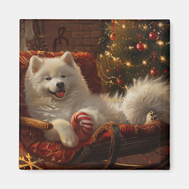 Aimant Samoyed Chien Festive de Noël (Devant)