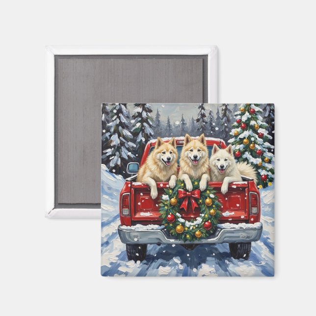 Aimant Samoyed Noël Camion Rouge Fêtes (Recto/Verso)