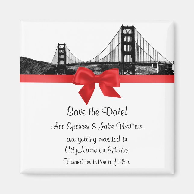 Aimant San Fran Skyline Gravé BW Rouge Save the Date (Devant)