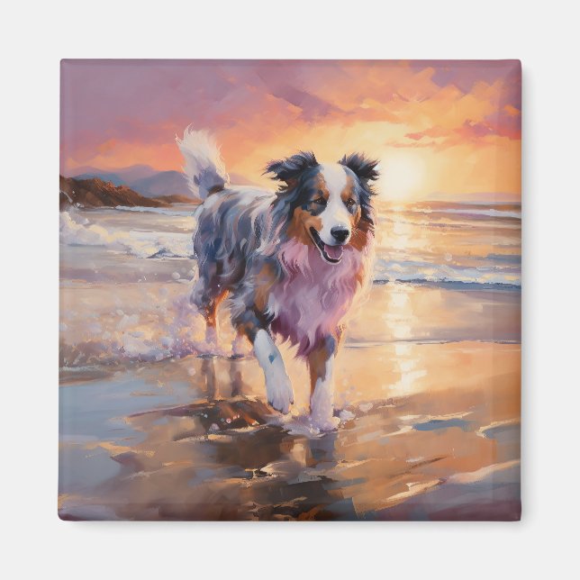 Aimant Sandy Australian Shepherd Dog on Beach Sunset (Devant)