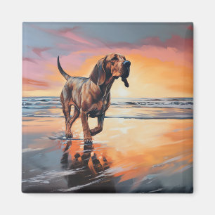 Aimant Sandy Paws Bloodhound Dog on Beach Sunset