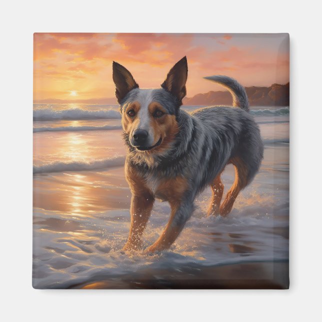 Aimant Sandy Paws chien de bétail australien sur la plage (Devant)