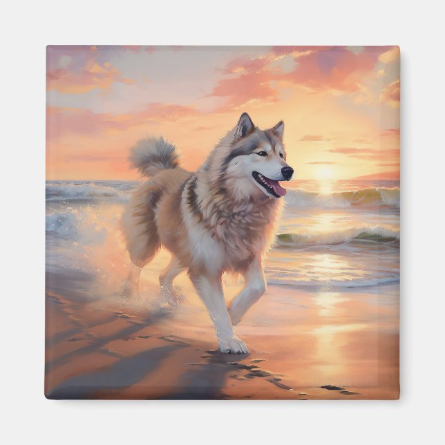 Aimant Sandy Paws Malamute Alaskan Chien sur la Plage au  (Devant)