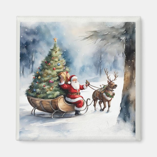 Aimant Santa Claus Snow Reindeer Sleigh Holiday (Devant)
