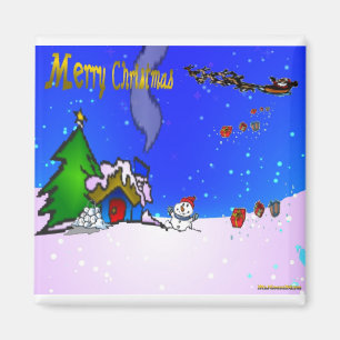 Aimant Santa_drops_gifts_by_snowman_and_snow_covered_hous