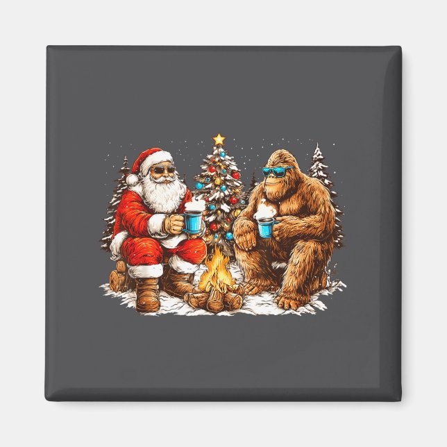 Aimant Santa With Bigfoot Christmas Campfire Funny Sasqua (Devant)