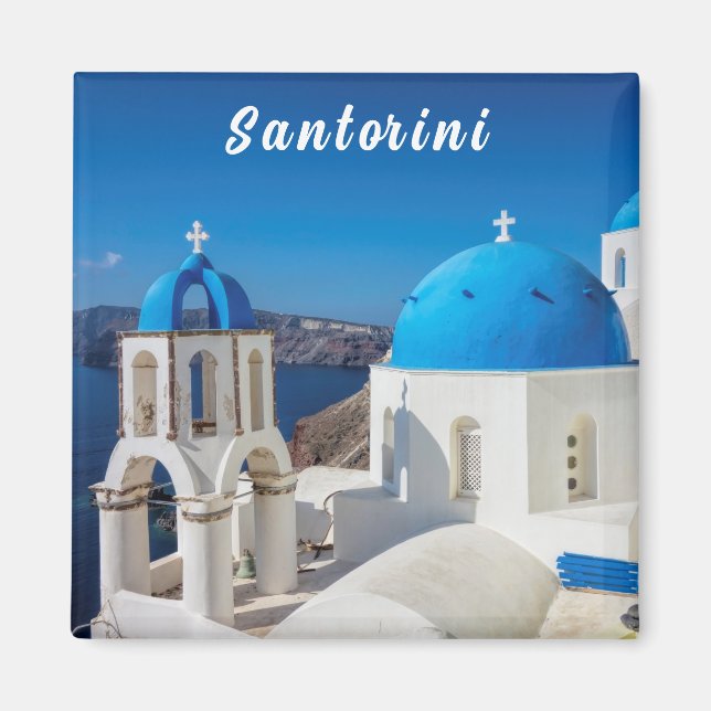 Aimant Santorin avec église bleue et blanche (Devant)