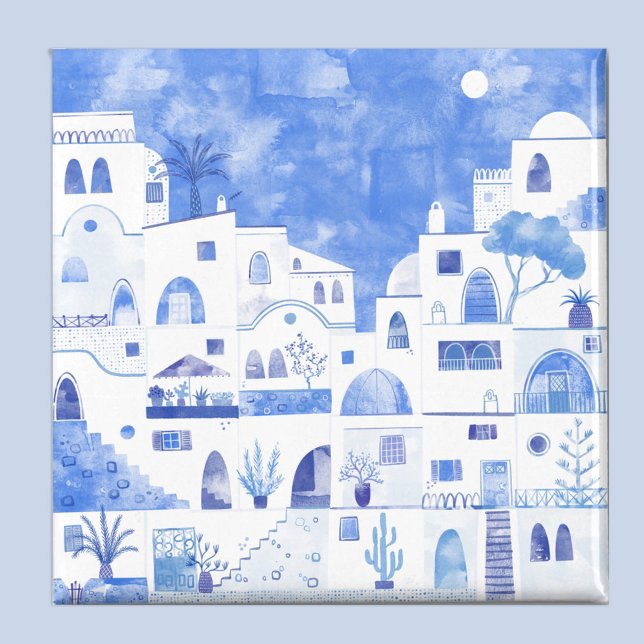 Aimant Santorin Grèce Aquarelle Art bleu et blanc (Santorini Oia Greece blue and white watercolor art magnet)