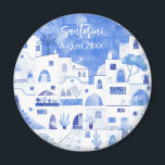 Aimant Santorin Grèce Aquarelle Keepsaké<br><div class="desc">Une aquarelle de ville peinture d'Oia sur la belle île grecque de Santorin. Modifiez la date pour personnaliser. Parfait comme gardien.</div>