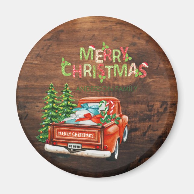 Aimant Sapin de Noël Camion Rouge Bois (Devant)