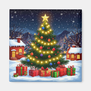 Aimant Sapin de Noël lumineux dans un village enneigé la 