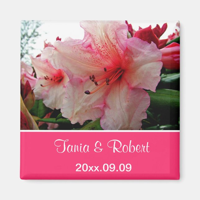 Aimant Sauvegarder la date, fleurs de rhododendron roses. (Devant)
