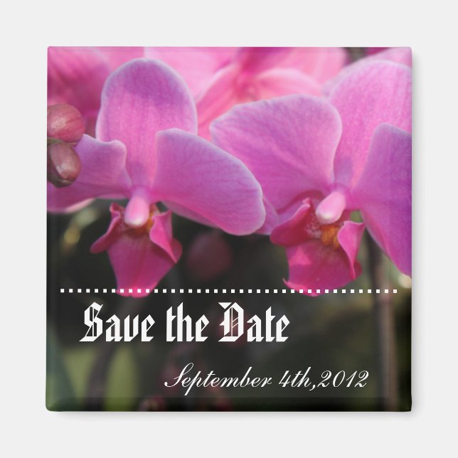 Aimant Sauvegarder la date, fleurs d'orchidée rose. (Devant)