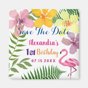 Aimant Sauver la date 1er anniversaire Luau Flamant rose