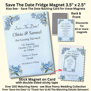 Aimant Sauver la date, Blue Peony 5" x 2.5" Frigo