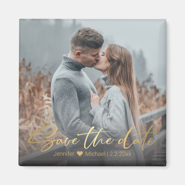 Aimant sauver la date, photo de mariage à l'écriture doré (Devant)