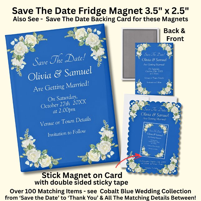 Aimant Sauvez la Date, Bleu Cobalt Blanc 5" x 2.5" Frigo (Créateur téléchargé)