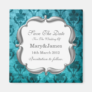 Aimant Sauvez le bleu floral vintage de motif de mariage