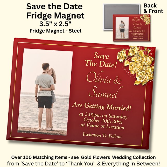 Aimant Save The Date Photo, Gold Flowers on Maroon Fridge (Créateur téléchargé)