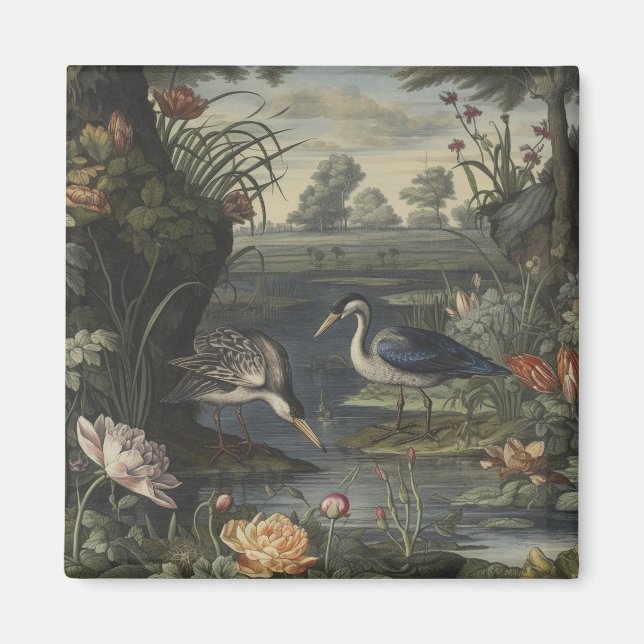 Aimant Scène botanique de grue bleue près d'une rivière (Devant)