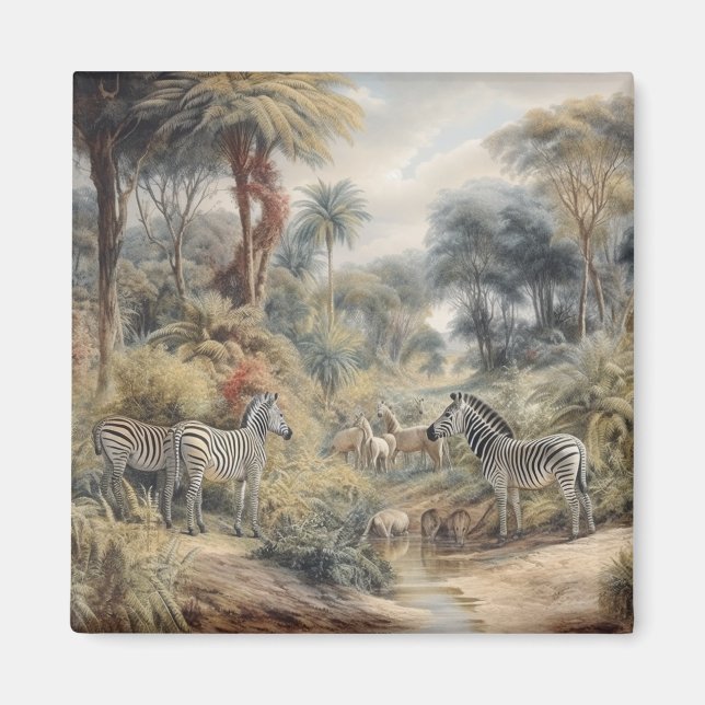 Aimant Scène botanique de zèbres et lions dans une oasis (Devant)