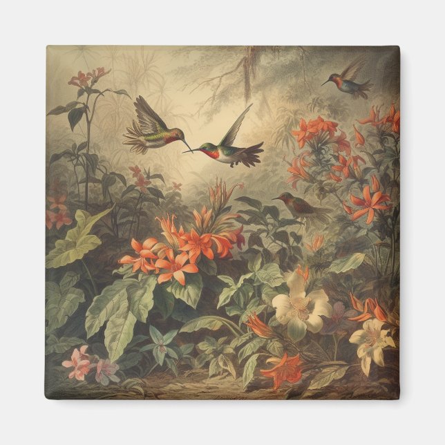 Aimant Scène botanique vintage d'hummingbirdet de fleurs (Devant)