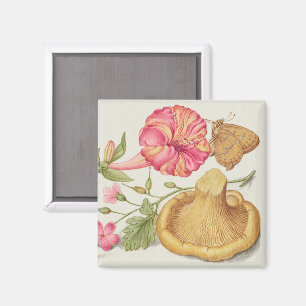 Aimant Scène de jardin avec fleurs, papillon et champigno