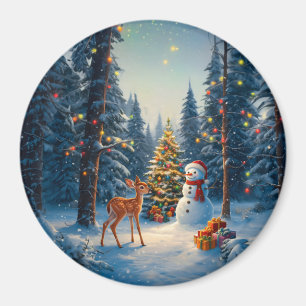 Aimant Scène de l'arbre de Noël Cerf Faon Bonhomme de nei