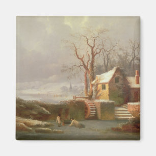 Aimant Scène de neige avec moulin et chalets