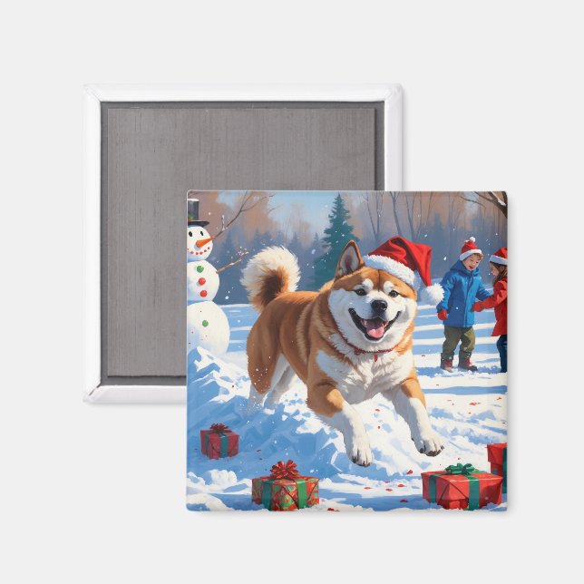 Aimant Scène de neige festive d'Akita Noël  (Recto/Verso)
