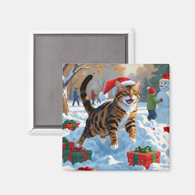 Aimant Scène de neige festive de Noël avec chat Bengal (Recto/Verso)