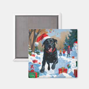 Aimant Scène de neige festive de Noël avec Labrador noir 