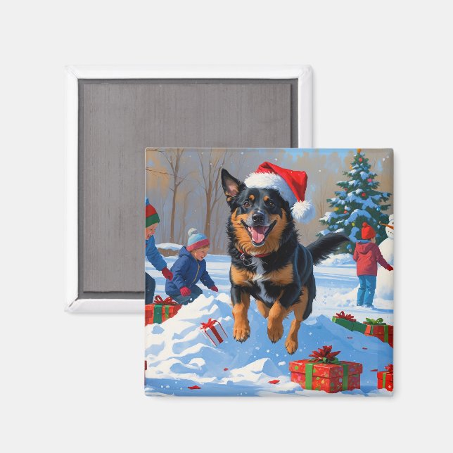 Aimant Scène de neige festive de Noël avec Malinois Belge (Recto/Verso)