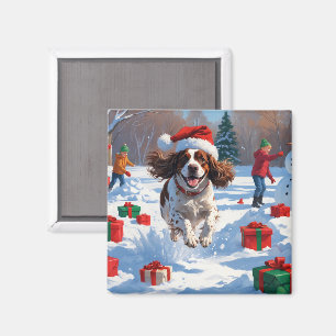 Aimant Scène de neige festive de Noël avec un épagneul br