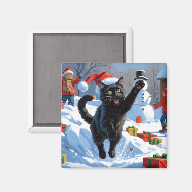 Aimant Scène de neige festive de Noël Black Cat (Recto/Verso)