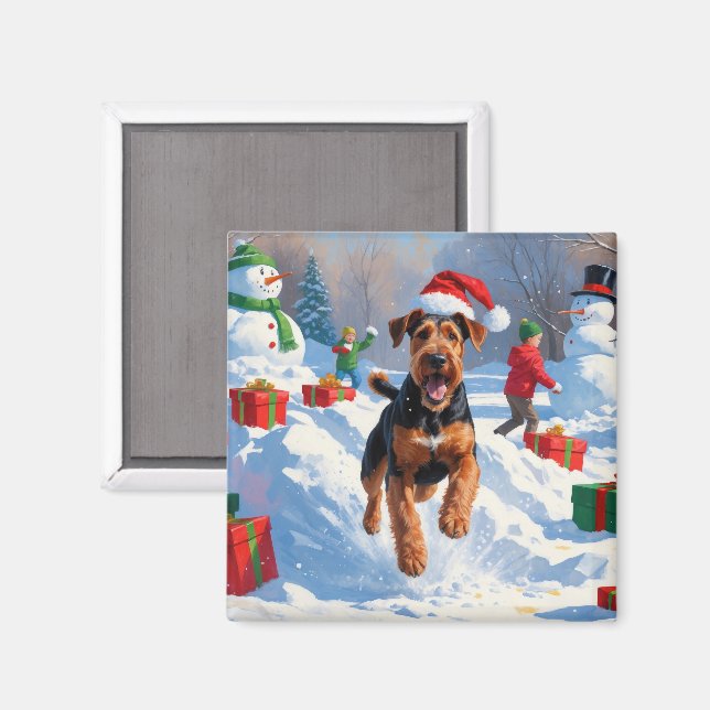 Aimant Scène de neige festive de Noël d'Airedale (Recto/Verso)