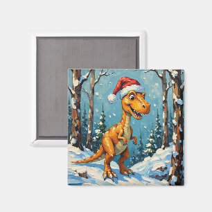 Aimant Scène de Noël avec dinosaure vintage et chapeau de