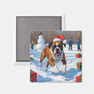 Aimant Scène de Noël festive avec un Boxer dans la neige