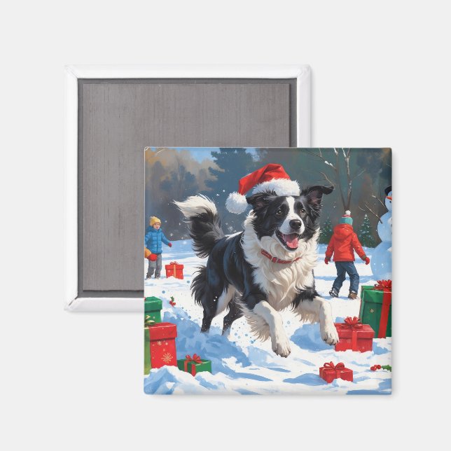 Aimant Scène de Noël festive Border Collie dans la neige (Recto/Verso)