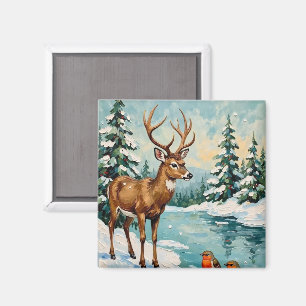 Aimant Scène de Noël vintage avec cerf et rouges-gorges