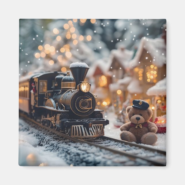 Aimant Scène de train de Noël magique avec ours en peluch (Devant)