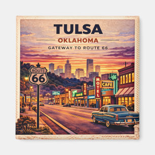 Aimant Scène de voyage vintage sur la route 66 à Tulsa Ok