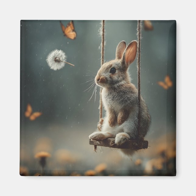 Aimant Scène fantaisiste d'un adorable bébé lapin sur une (Devant)