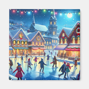 Aimant Scène festive de patinage sur glace de Noël