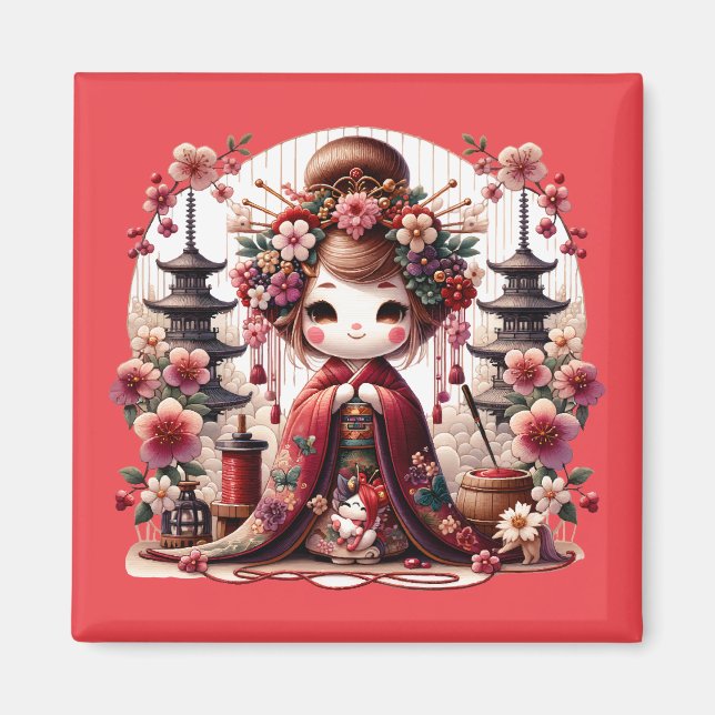 Aimant Scène japonaise de Geisha mignonne (Devant)