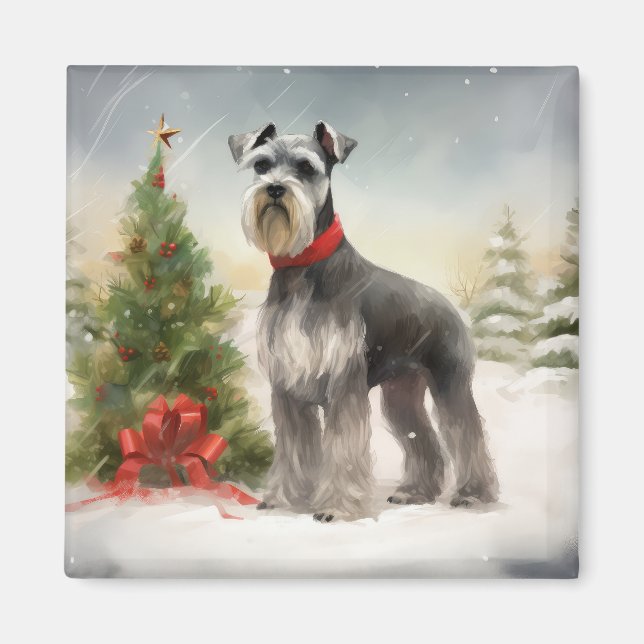 Aimant Schnauzer Chien à Noël de neige (Devant)